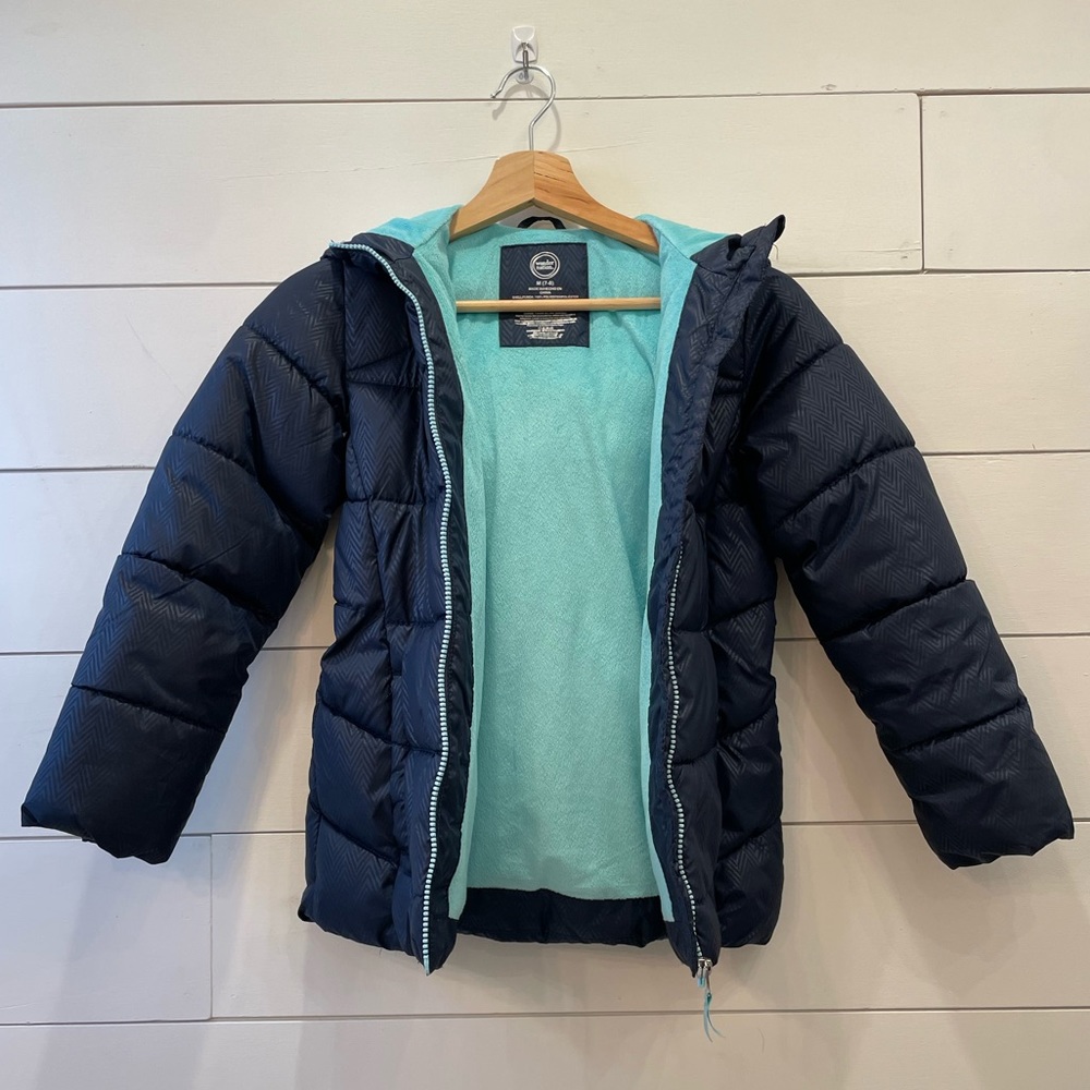 Girls Navy Quilted Puff Jacket with Fleece Lining, Size M 7-8, Wonder Nation